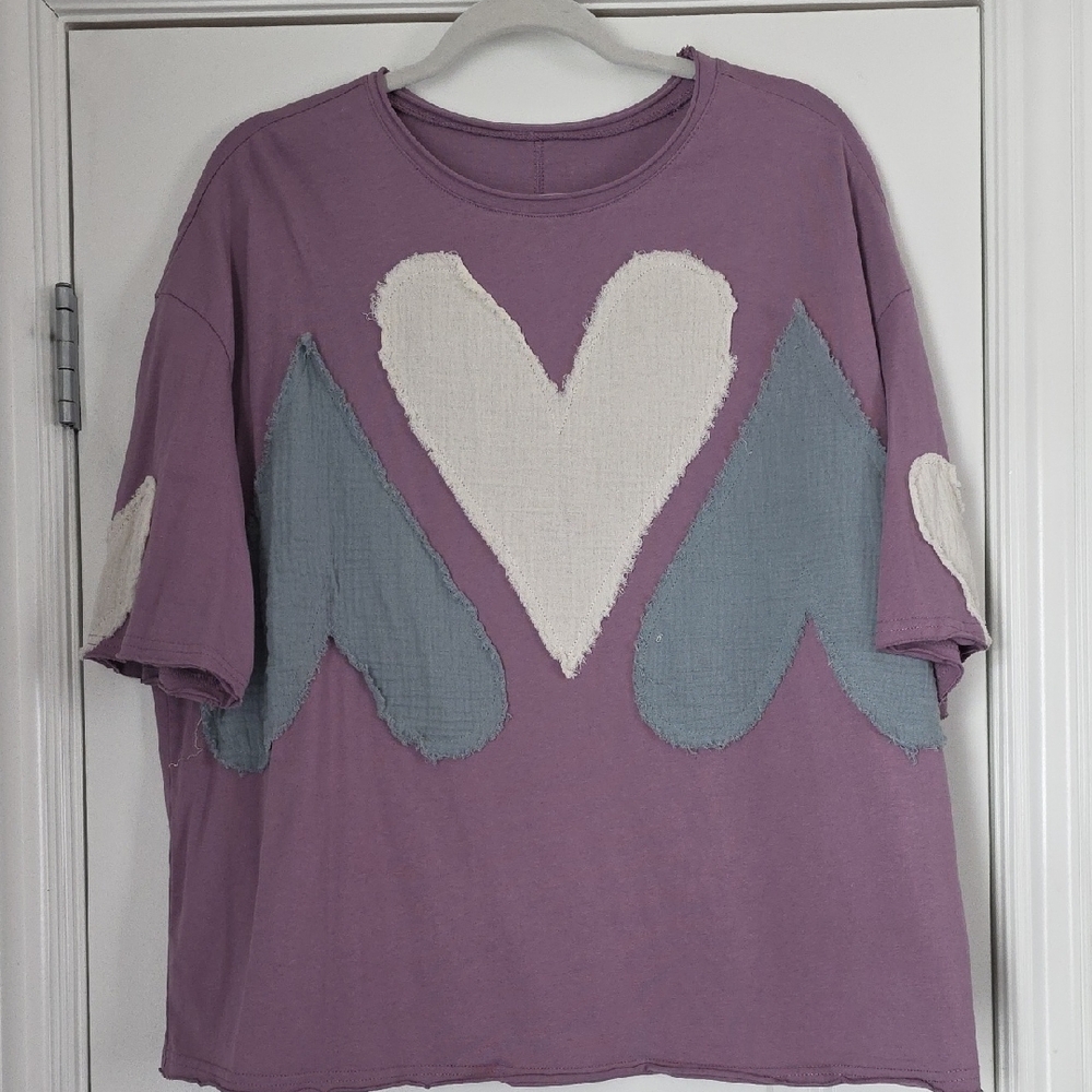 NWOT BellanBlue Oversized Small Purple Top with Blue and Cream Heart Patchwork - Picture 5 of 10